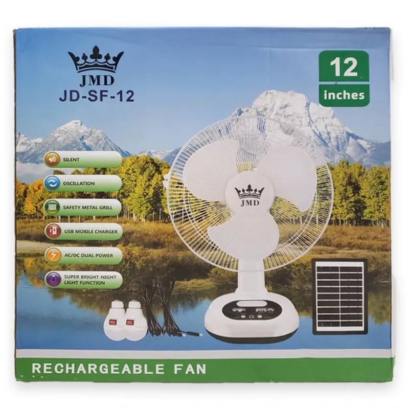 JMD Ventilador Recargable Solar y Por Corriente Directa, de 12". Incluye dos Focos Led y Cable Para Cargar Celular. JD-SF-12