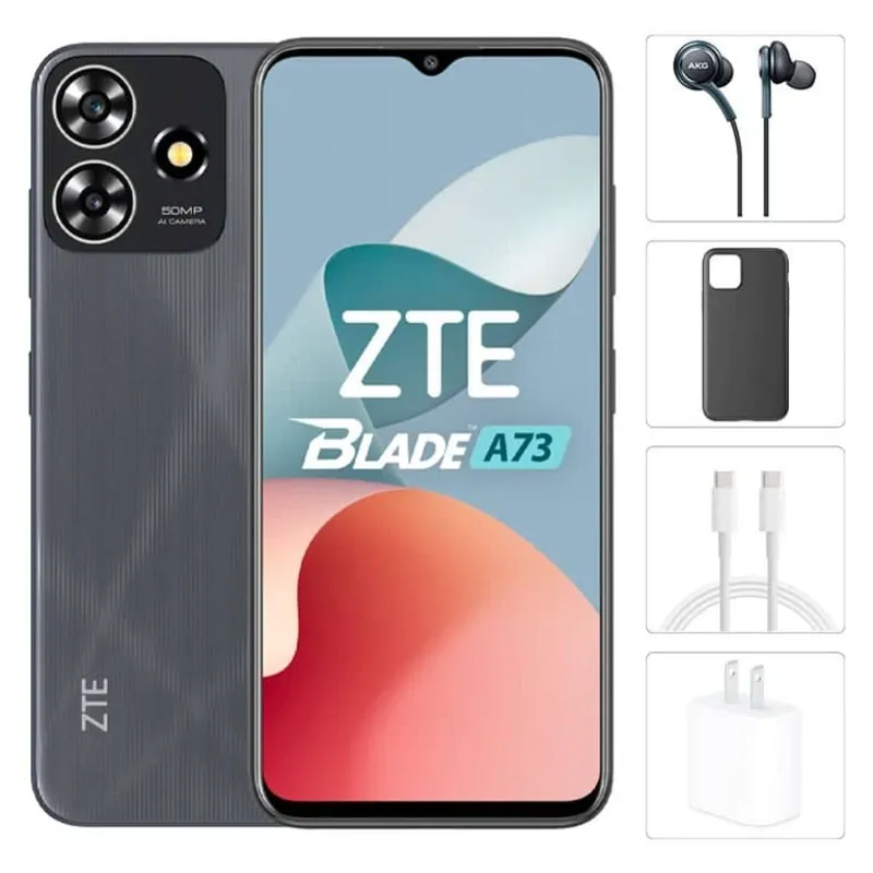 Teléfono ZTE Blade A73 , 4GB Ram + 10GB Virtual, Total 14GB Ram, 128Gb Almacenamiento, Con Cover, Mica y Audífonos - Negro