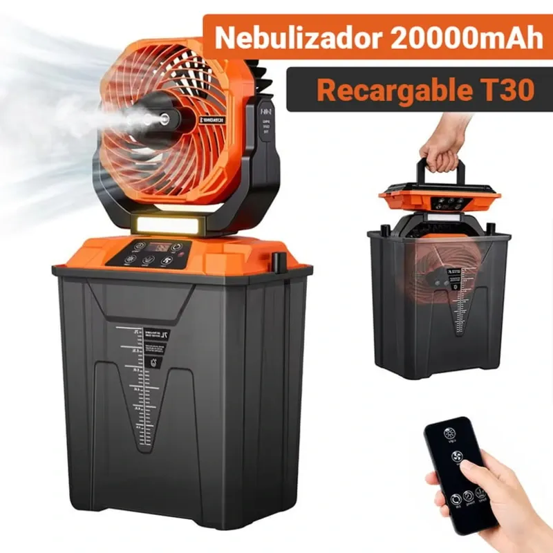 Ventilador Recargable T30 Nebulizador 3D ARC 20000mAh Con Luz, Oscilación 90° Y Control Remoto Naranja