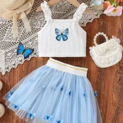 2 piezas de conjunto de top sin tirantes con estampado de mariposa linda y falda de tul floral 