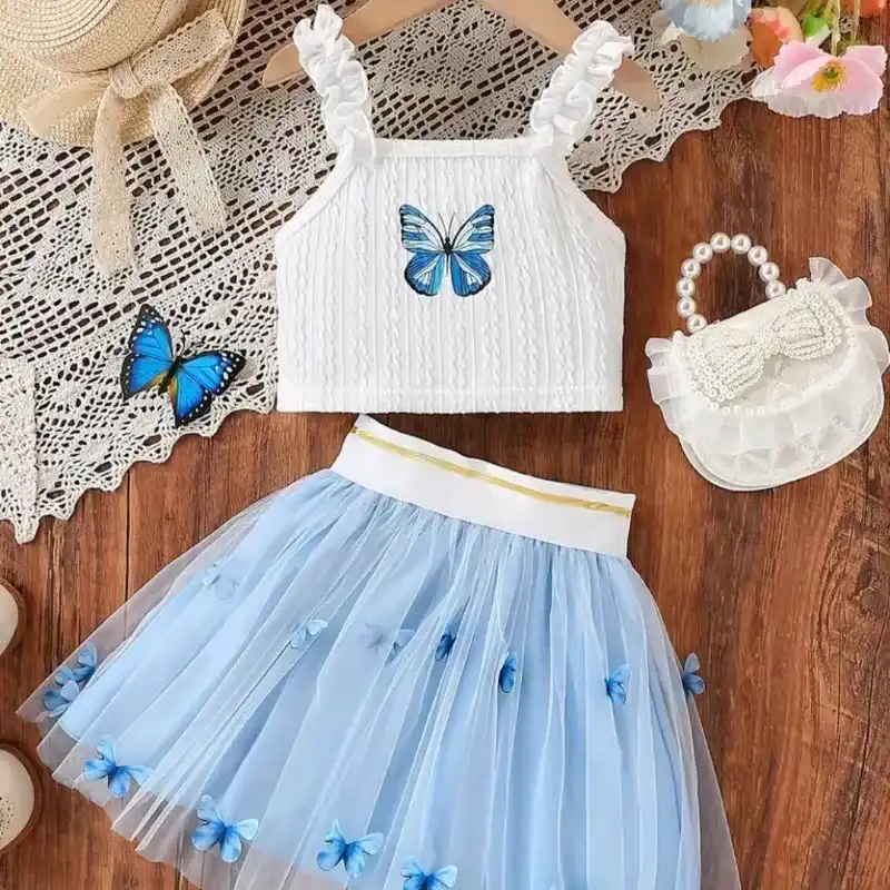 2 piezas de conjunto de top sin tirantes con estampado de mariposa linda y falda de tul floral 