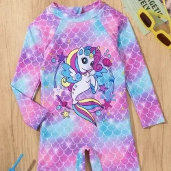 Bañador de Una Pieza con Estampado de Escamas de Unicornio y Sirena para Niñas