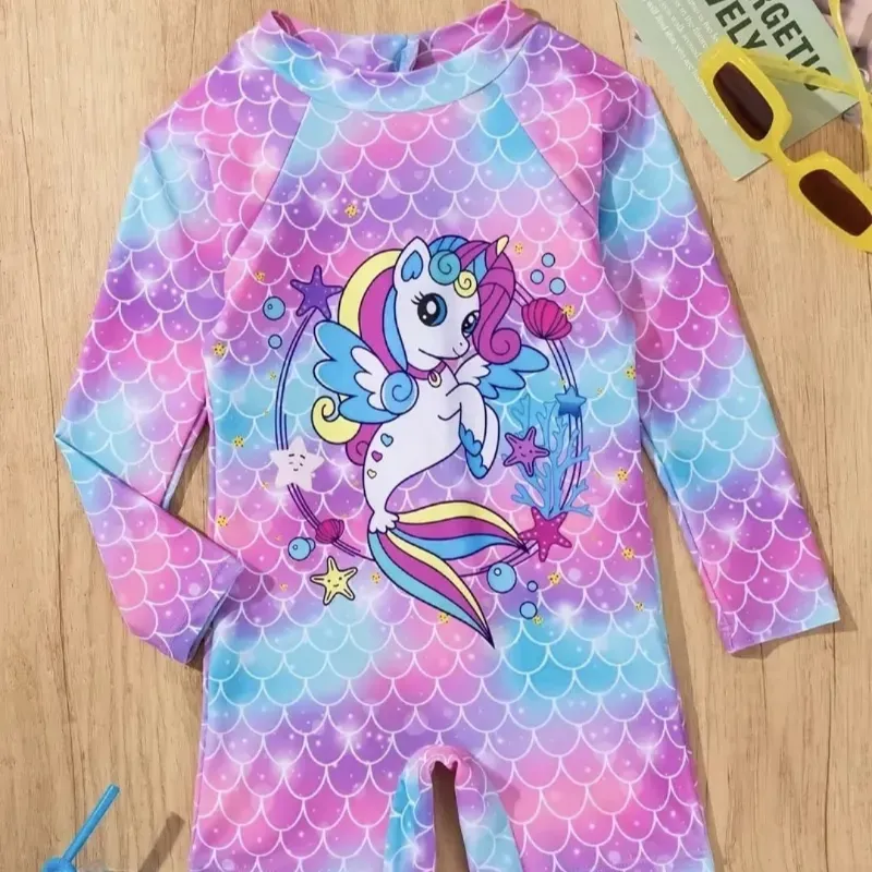 Bañador de Una Pieza con Estampado de Escamas de Unicornio y Sirena para Niñas