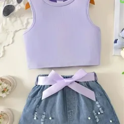 Blusa sin Mangas con Short de Mezclilla y cinturon con lazo