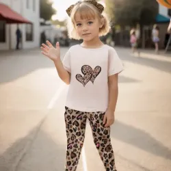 camiseta de manga corta con estampado de amor para niña + pantalones largos con estampado de leopardo