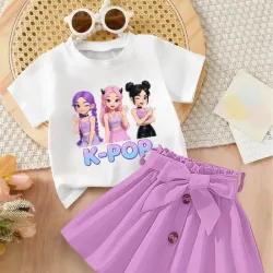 Camiseta de Moda para Niñas con Falda de Botones, Estampado Trendy y Buff Incorporado, Falda de Botones + Manga Corta -