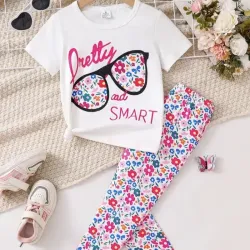 Camiseta de Punto con Estampado de Gafas "Bonita y Inteligente" & Pantalones con Cintura Elástica y Estampado Floral Vibrante