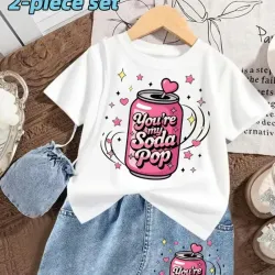 camiseta + falda vaquera, diseño moderno y divertido con estampado de dibujos animados "You Are My Soda"