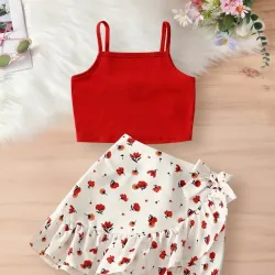 Camiseta sin Mangas con Hombros Descubiertos de Color Liso + Falda con Volantes y Estampado Floral |