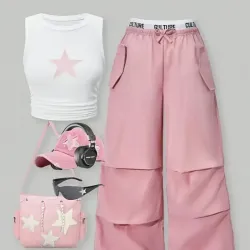Chaleco con Estampado de Estrellas y Cordón Lateral con Pantalones de Cargo de Bloque de Color con Cinturón. Un Outfit Casual de Estilo Urbano
