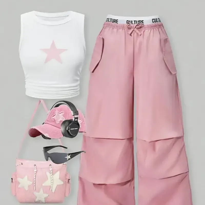 Chaleco con Estampado de Estrellas y Cordón Lateral con Pantalones de Cargo de Bloque de Color con Cinturón. Un Outfit Casual de Estilo Urbano