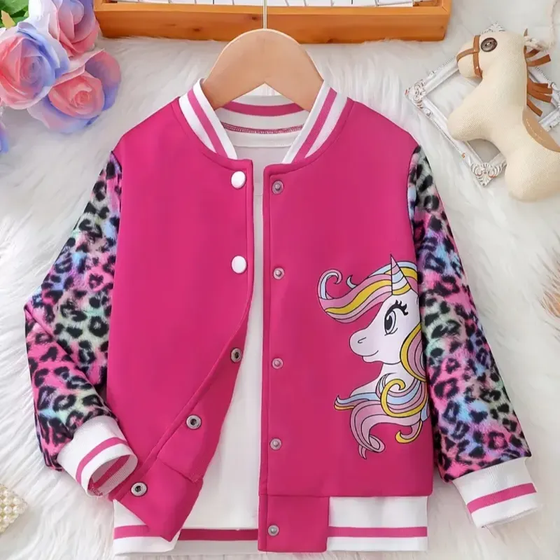 Chaqueta Varsity con estampado de unicornio y mangas con empalme de leopardo