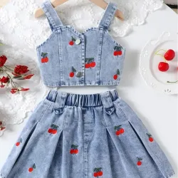Conjunto de 2 piezas de chaleco de mezclilla bordado con cerezas + falda de mezclilla bordada con cerezas
