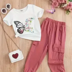 conjunto de camiseta de manga corta + pantalón cargo de color sólido para niñas,