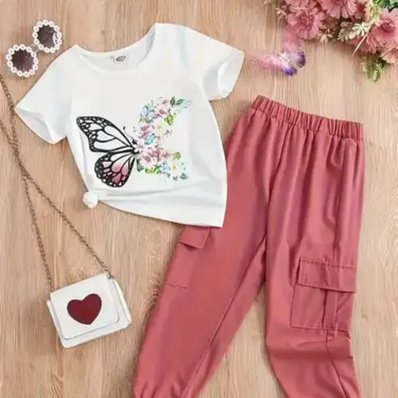 conjunto de camiseta de manga corta + pantalón cargo de color sólido para niñas,