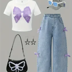 Conjunto de Denim para Niñas, Diseño con Lazo Estiloso - Jeans Y2K + Camiseta con Cuello
