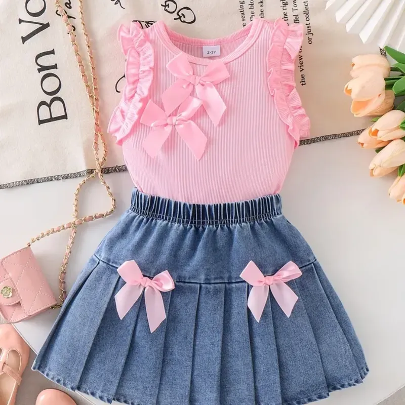 Conjunto de dos piezas de verano para niña, estilo coreano, casual y bonito, con chaleco rosa y falda corta vaquera con adorno de lazo