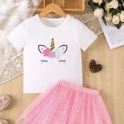 Conjunto de dos piezas para niñas, lindo y casual con estampado de "Unicornio"