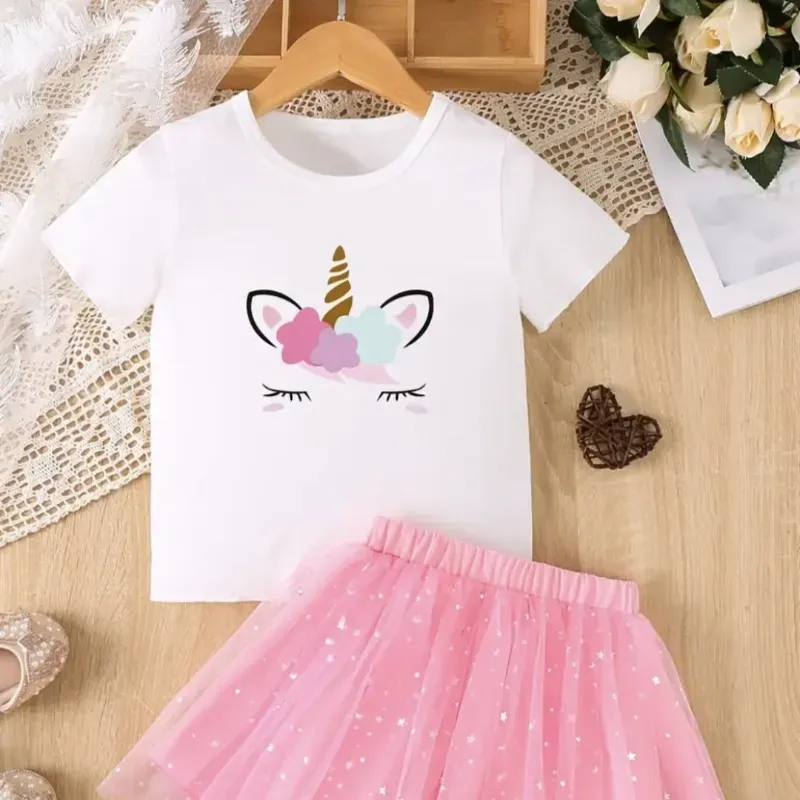 Conjunto de dos piezas para niñas, lindo y casual con estampado de "Unicornio"