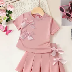 Conjunto de falda con lazo de moda de verano para niñas, Top de manga corta con cuello redondo más falda corta asimétrica