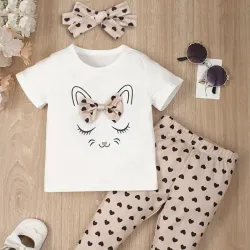 Conjunto de moda casual de manga corta para niñas bebé con estampado de gato y pantalones largos con estampado de corazones, para exterior