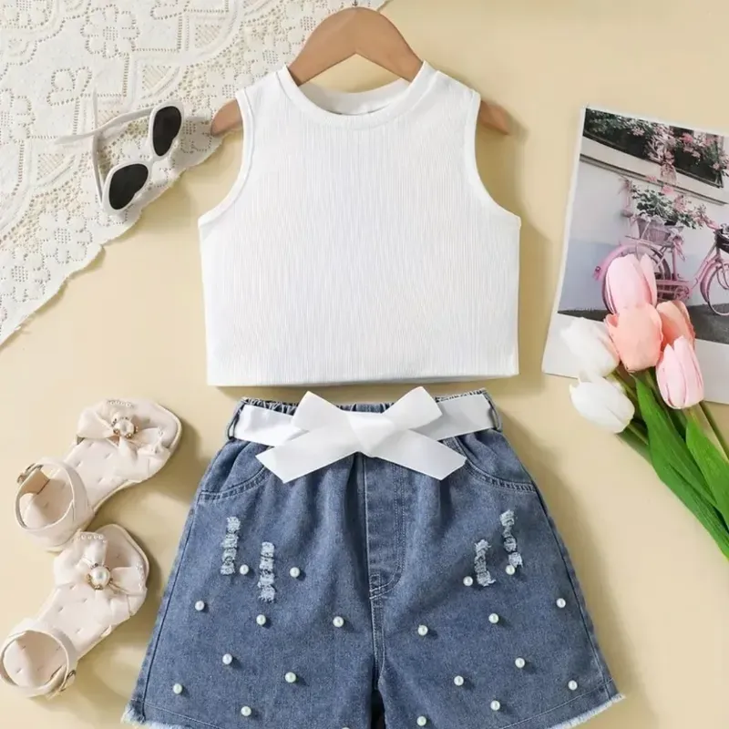 Conjunto de pantalones cortos de mezclilla con cuentas para niñas, con top de camiseta