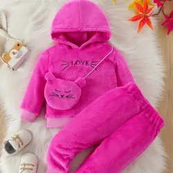 Conjunto de sudadera con capucha de terciopelo coral rosa para niñas pequeñas con pantalones