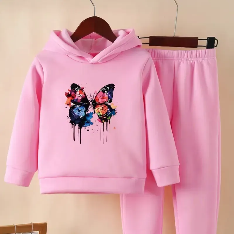 Conjunto de Sudadera con Capucha y Pantalones Jogger con Estampado de Mariposas