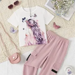 Conjunto de Top de Manga Corta con Estampado de Mariposas para Niña Pequeña + Pantalones Sueltos de Color Sólido con Bolsillo