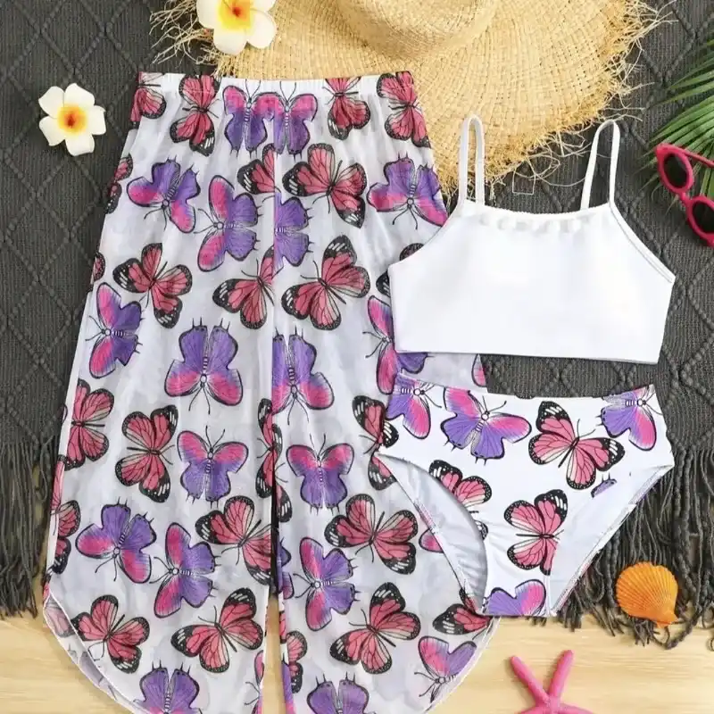 Conjunto de trajes de baño con estampado de mariposas para niña