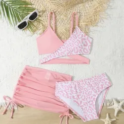 Conjunto de trajes de baño de tres piezas con estampado de leopardo para adolescentes