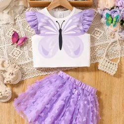 Conjunto de Verano con Estampado de Mariposas, Camiseta de Manga Corta con Volantes y Falda Elástica de Flores en Estilo Lavanda