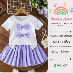 Conjunto de Verano para Niñas con Camiseta de Manga Corta y Lazo + Falda Plisada 