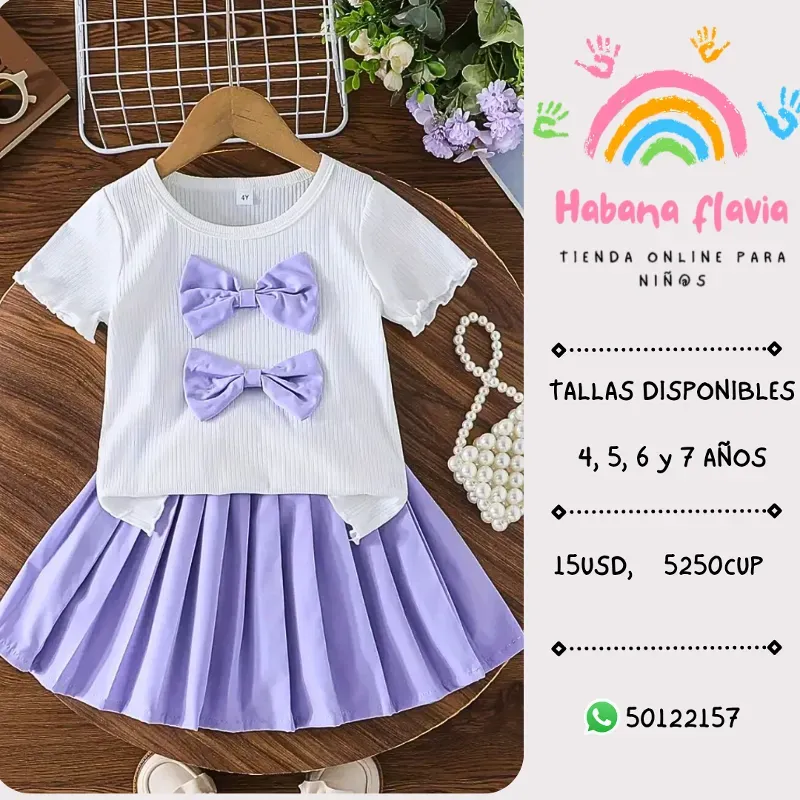 Conjunto de Verano para Niñas con Camiseta de Manga Corta y Lazo + Falda Plisada 