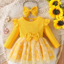 Conjunto de Vestido de Girasol de Manga Larga para Niñas