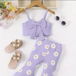 Pantalones Acampanados y Estampado de Crisantemo, Sin Mangas 