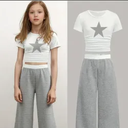 Top de Manga Corta de Punto Unicolor y Pantalones Rectos