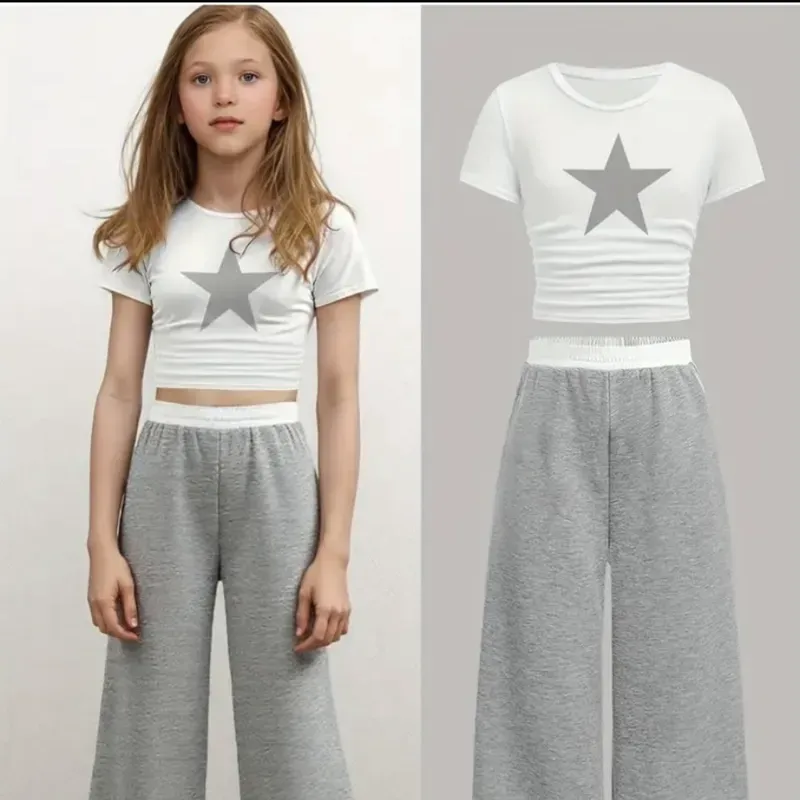 Top de Manga Corta de Punto Unicolor y Pantalones Rectos