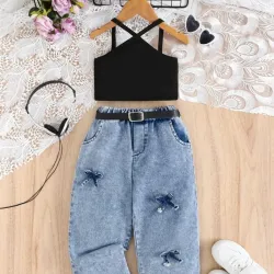 Top de verano estilo americano con tirantes cruzados para niñas y pantalones 