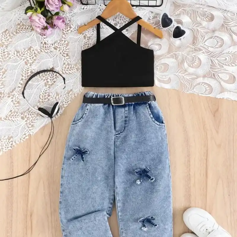 Top de verano estilo americano con tirantes cruzados para niñas y pantalones 