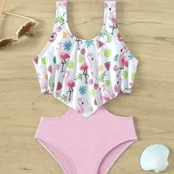 Traje de baño de una pieza con estampado de flamenco para niñas