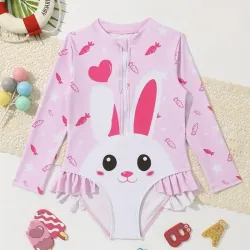 Traje de Baño Rosa con mangas largas y Volante