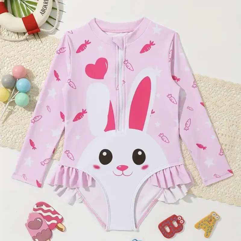 Traje de Baño Rosa con mangas largas y Volante