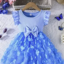 Vestido de Malla con Bordado de Mariposas y Parches Casual para Niñas