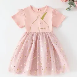 Vestido de Princesa con Estampado de Unicornio para Niñas con Manga Corta y Falda de Tul Rosa 