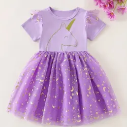 Vestido de princesa para niña con estampado de unicornio, mangas cortas y falda con panel de malla, vestido de tul