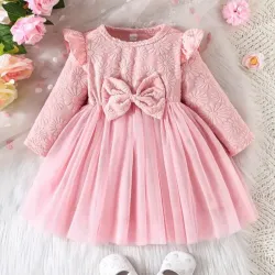 Vestido de Tul con Lazo y Estampado de Volantes de Manga Larga para Niñas