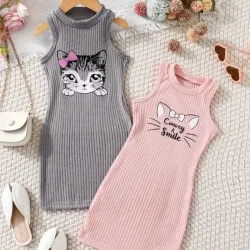 Vestidos Casuales Sin Mangas con Estampado de Gato para Niñas 