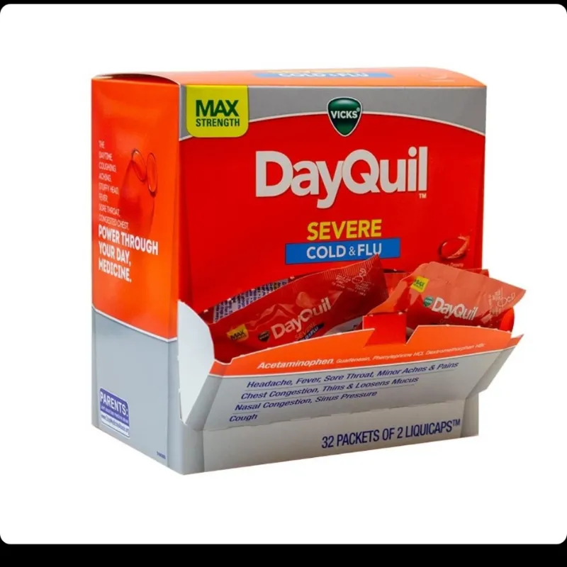 Medicamento DayQuil Severe Cold & Flu en dispensador, presentación de 32 x 2