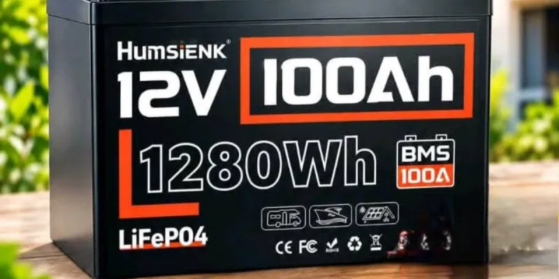 Batería Marca: Humsienk · Voltaje: 12V · Capacidad: 100Ah · Energía Total: 1280Wh (Vatios-hora) · Química: LiFePO4 (Litio Hierro Fosfato)